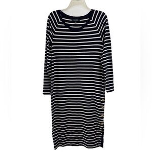 Ralph Lauren Midi Side Button Dress Size Small Long Sleeve White Navy Striped